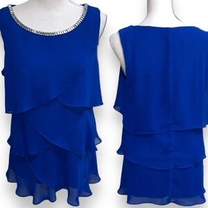 S Levine Rhinestone Neckline Tiered Ruffle Tank Blouse Bright Lapis Blue Size L